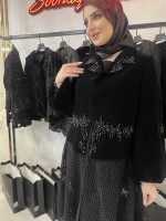 مانتومجلسی لاکچری بلند مشکی مزونی طرح پیچک - تصویر 2