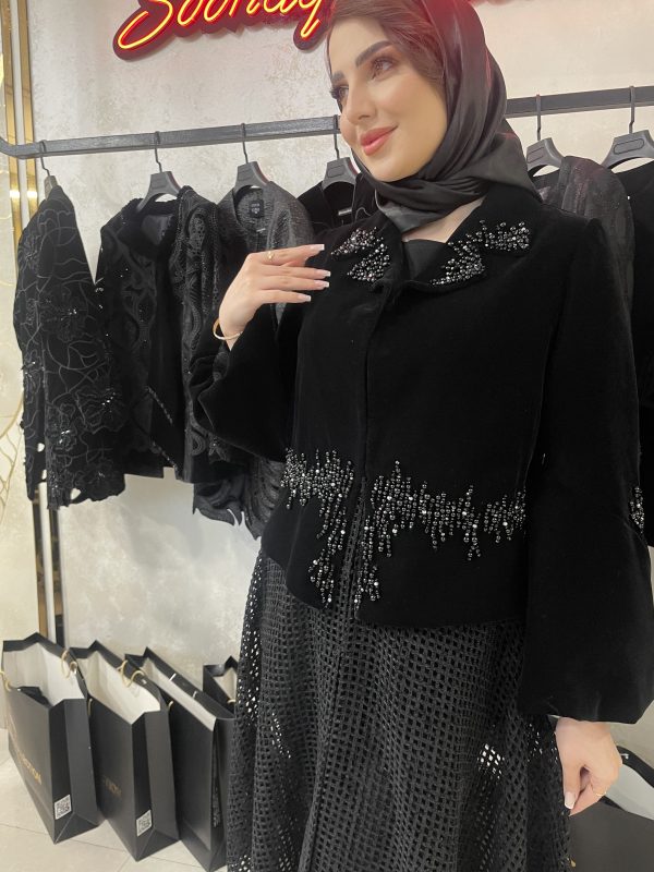 مانتومجلسی لاکچری بلند مشکی مزونی طرح پیچک - تصویر 2