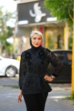 مانتو مشکی کوتاه دخترانه گیپور گل برجسته Paloma Noir