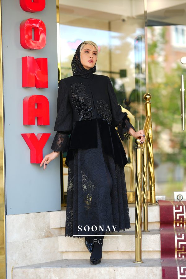 مانتو مجلسی مشکی مزونی بلند دخترانه طرح  HERMOSA - تصویر 3